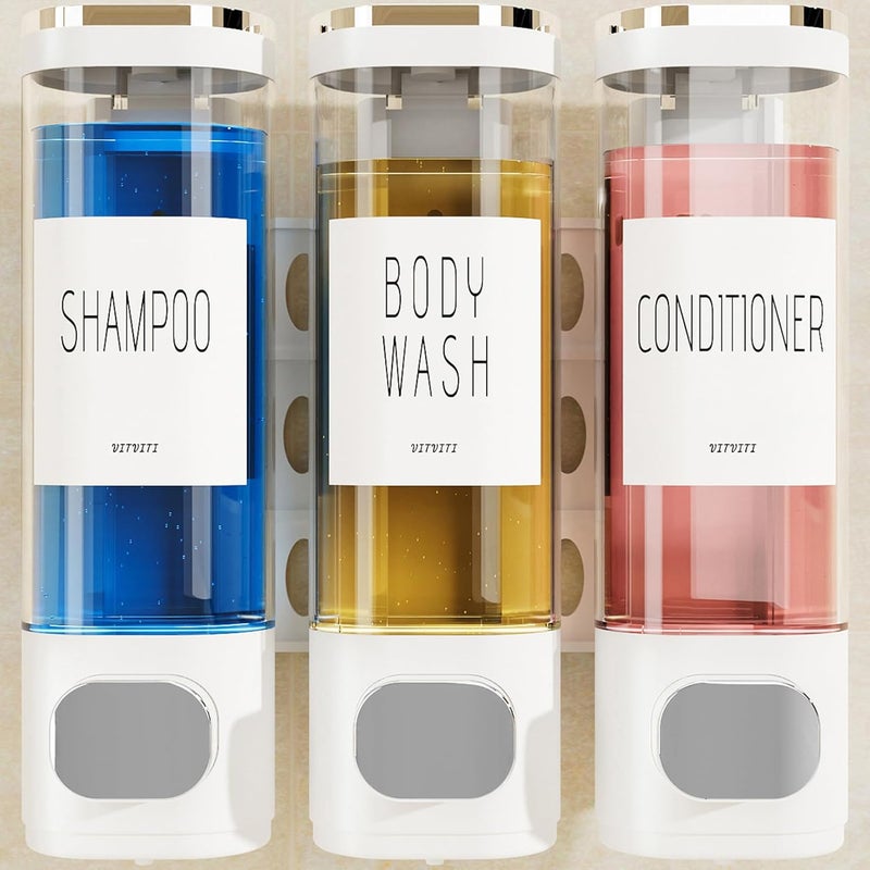 VITVITI Shampoo and Conditioner Dispenser for Shower Wall, Shower Soap Dispenser 3 Chamber No Drill Wall Mounted, 10.2 OZ Plastic Refillable Shower/Body Wash Bottles for Bathroom (White) - Image 1